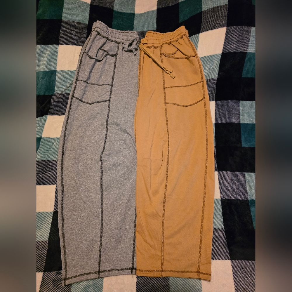 Casual Crop Drawstring Pants - Gray and Tan